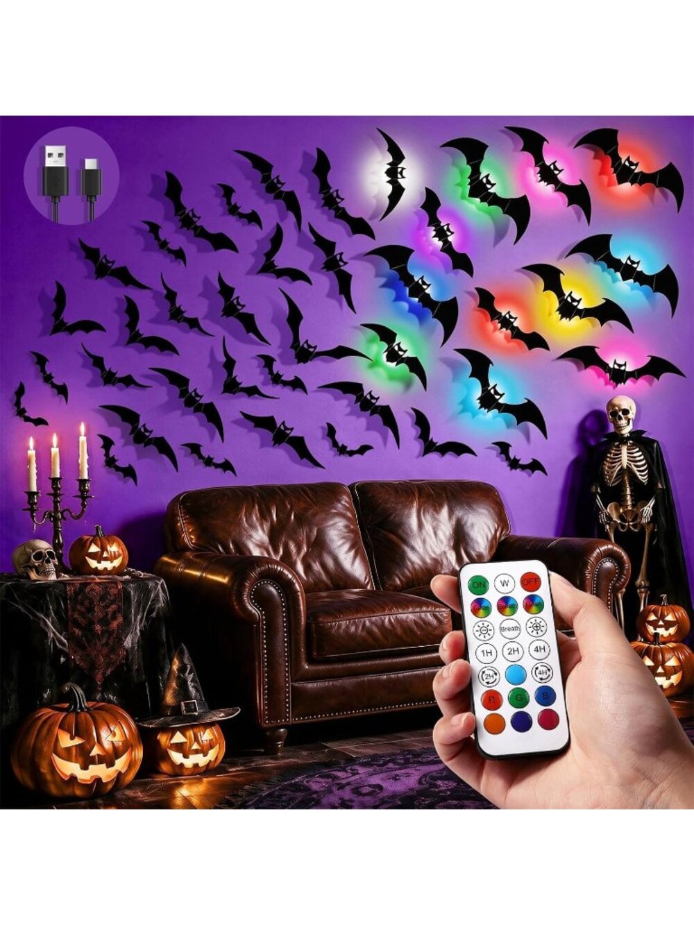 48P Pitch-Black Bats Halloween Decorations + 12P Rechargeable Lights with Remote